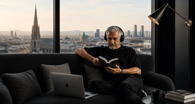 Franz Felber liest entspannt mit Blick über die Wiener Skyline